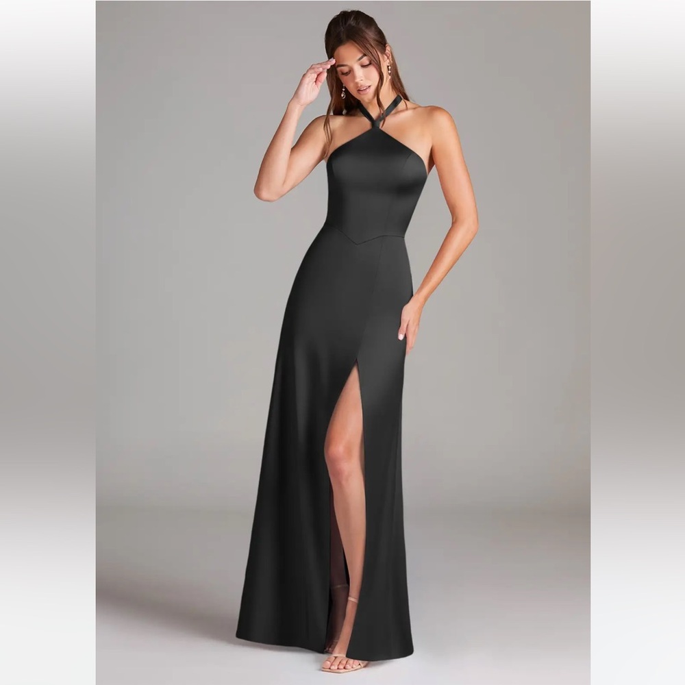 Azazie Elliana Black Sheath Side Slit Stretch Satin Dress